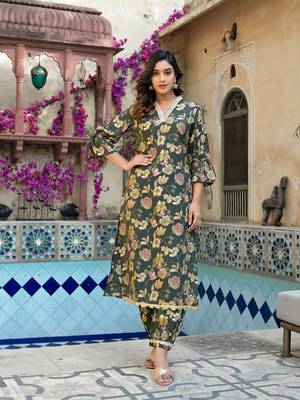  olive green floral print straight kurta trouser set 1