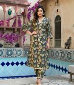  olive green floral print straight kurta trouser set