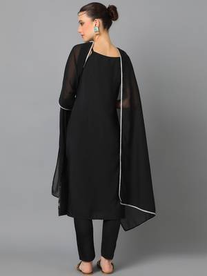 Ziyaa women's black crepe straight kurta, pant and dupatta set 3