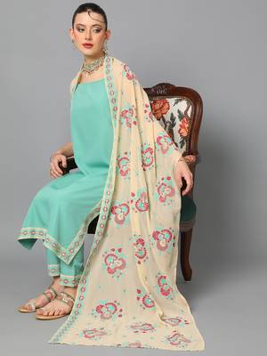 Ziyaa women's aqua green crepe straight kurta, pant and dupatta set 5