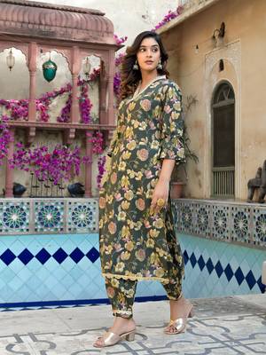  olive green floral print straight kurta trouser set 2