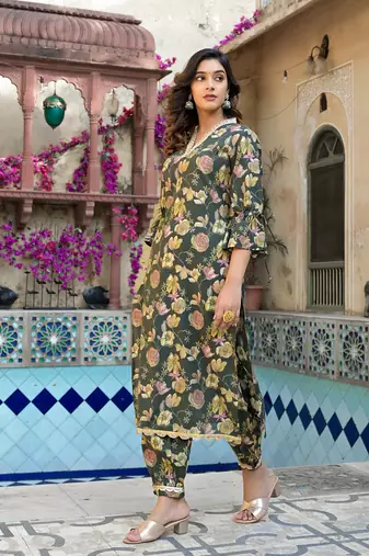  olive green floral print straight kurta trouser set