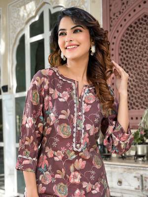  brown floral print,patch work straight kurta trouser set 1