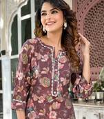  brown floral print,patch work straight kurta trouser set
