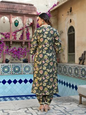  olive green floral print straight kurta trouser set 3