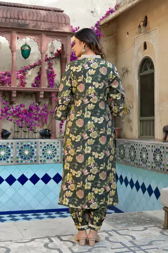 olive green floral print straight kurta trouser set