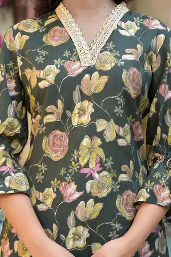  olive green floral print straight kurta trouser set