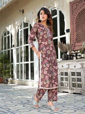  brown floral print,patch work straight kurta trouser set 2