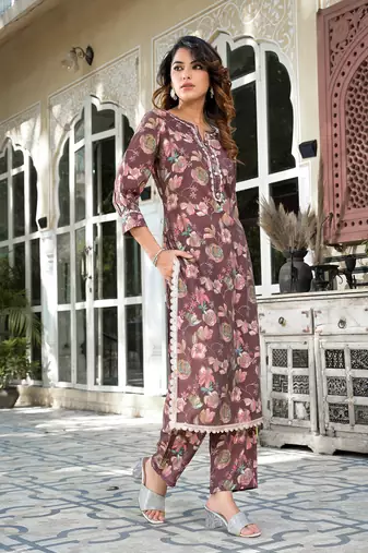  brown floral print,patch work straight kurta trouser set