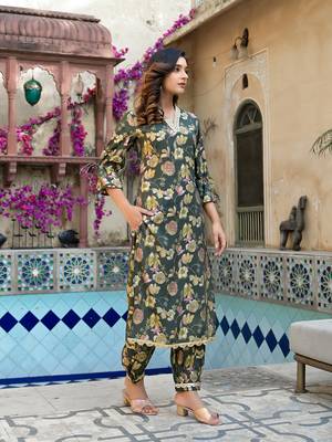  olive green floral print straight kurta trouser set 5