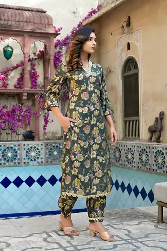  olive green floral print straight kurta trouser set