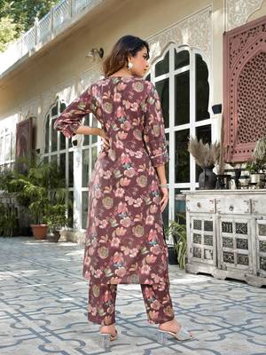  brown floral print,patch work straight kurta trouser set 3