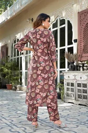  brown floral print,patch work straight kurta trouser set