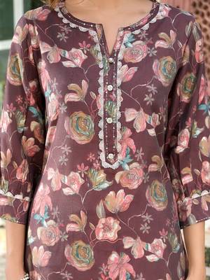  brown floral print,patch work straight kurta trouser set 4