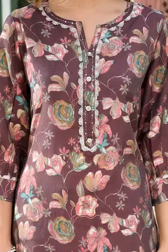  brown floral print,patch work straight kurta trouser set