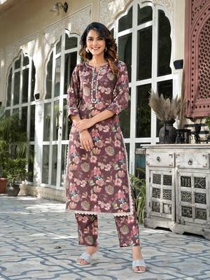  brown floral print,patch work straight kurta trouser set 5