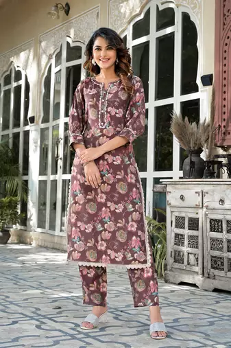  brown floral print,patch work straight kurta trouser set
