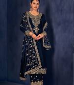Blue Heavy Designer Embroidery Work Velvet Semistiched Long Length Kameez Plazzo party wear salwarsuit