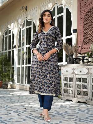  navy blue printed zari work kurta trouser set 1