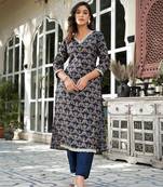  navy blue printed zari work kurta trouser set