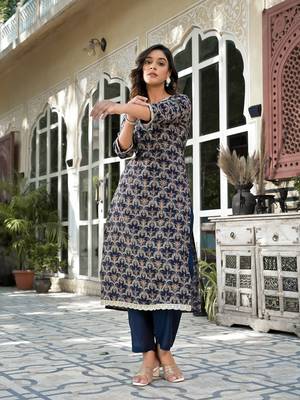 navy blue printed zari work kurta trouser set 2