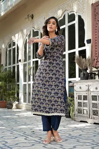  navy blue printed zari work kurta trouser set