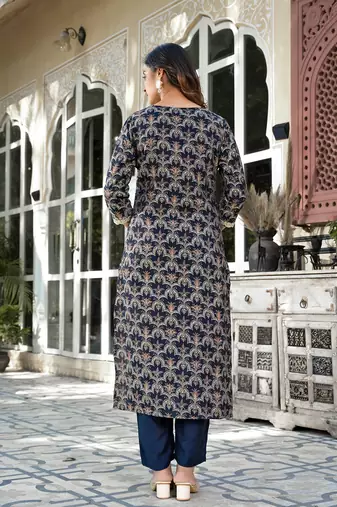  navy blue printed zari work kurta trouser set