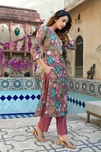  mauve floral,thread work kurta trouser set