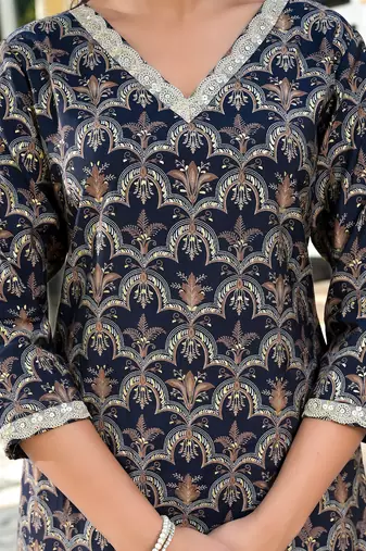 navy blue printed zari work kurta trouser set