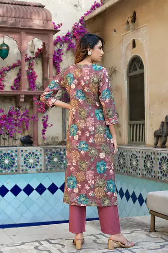  mauve floral,thread work kurta trouser set