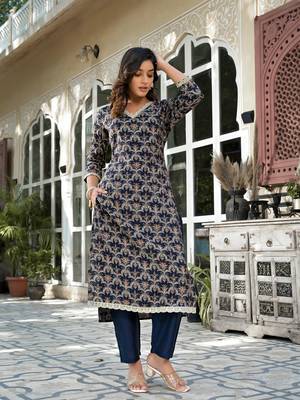  navy blue printed zari work kurta trouser set 5