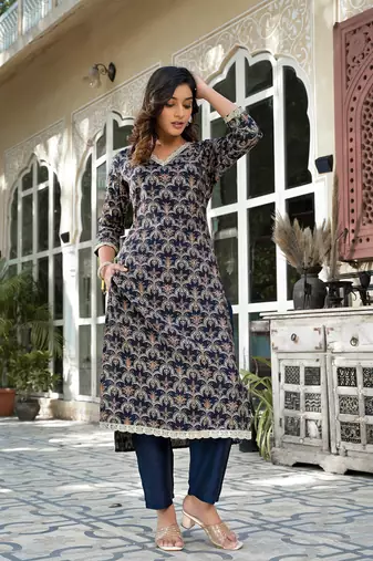  navy blue printed zari work kurta trouser set