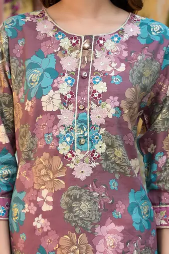  mauve floral,thread work kurta trouser set
