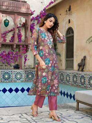  mauve floral,thread work kurta trouser set 6