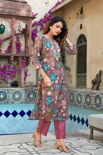  mauve floral,thread work kurta trouser set