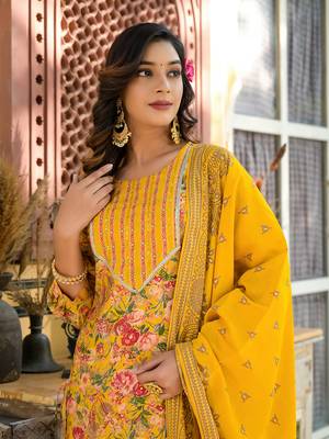  yellow floral print kurta trouser with dupatta set 1