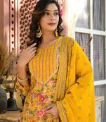  yellow floral print kurta trouser with dupatta set