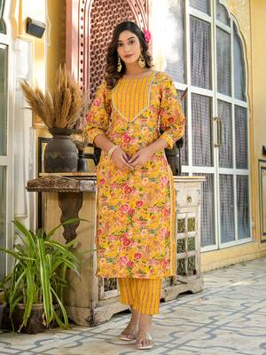  yellow floral print kurta trouser with dupatta set 5