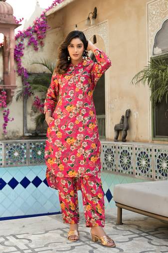  pink silk blend floral print shirt collar co-ord set