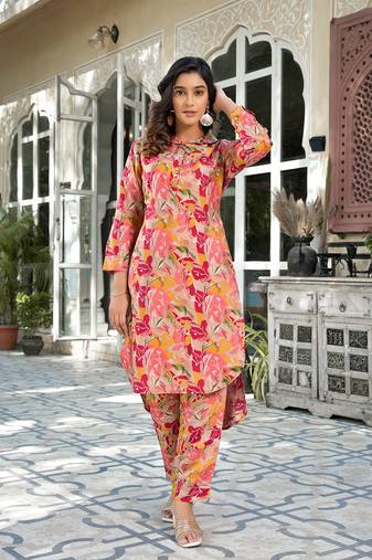  pink silk blend ethnic motifs shirt collar co-ord set