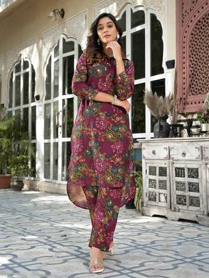  burgundy silk blend floral print co-ord set 1