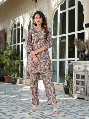  purple silk blend floral print co-ord set 1