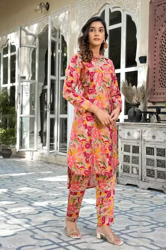  pink silk blend ethnic motifs shirt collar co-ord set