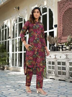  burgundy silk blend floral print co-ord set 2