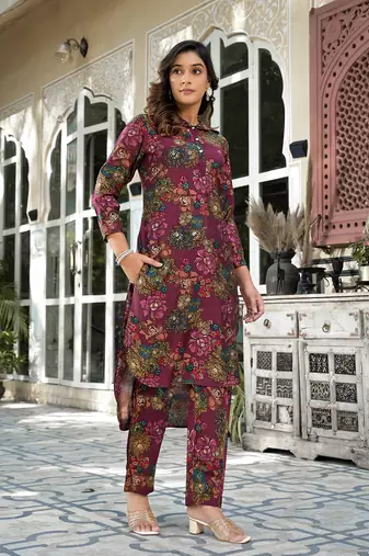  burgundy silk blend floral print co-ord set