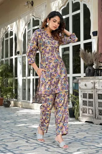  purple silk blend floral print co-ord set