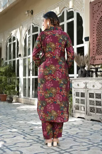  burgundy silk blend floral print co-ord set