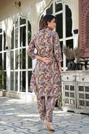  purple silk blend floral print co-ord set