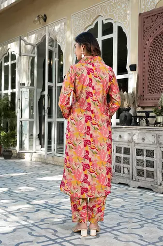  pink silk blend ethnic motifs shirt collar co-ord set