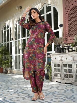  burgundy silk blend floral print co-ord set 5